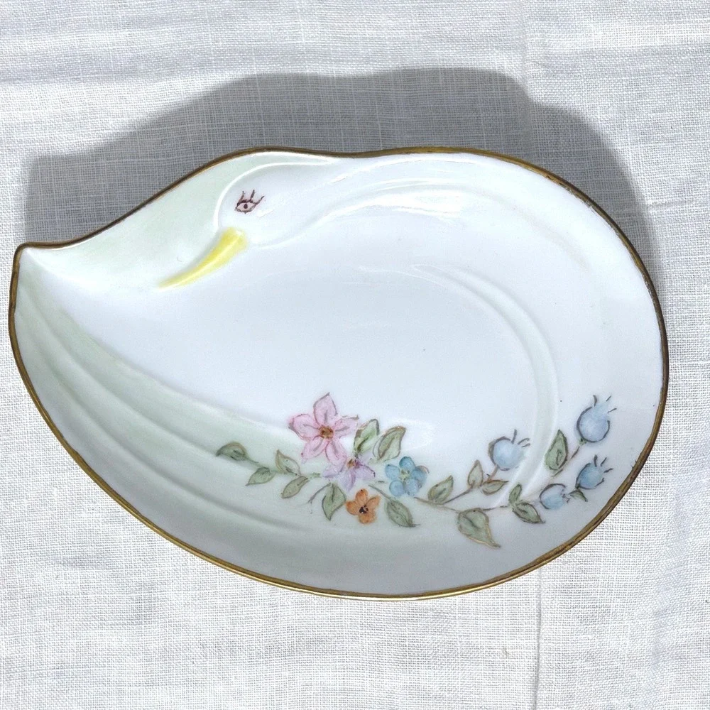 Marie Buttery 1991 Hand Painted Swan Trinket Dish Floral Porcelain‎ Gold Rim